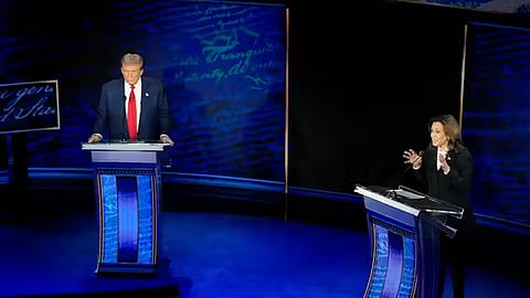 Former President Donald Trump, left, and Vice President Kamala Harris debate on Sept. 10, 2024. 