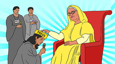 An illustration of Sheikh Hasina seated on a grand chair with journalists lining up to seek her blessings