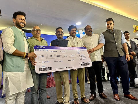 Union minister Rammohan Naidu (extreme left) with IndiGo officials.