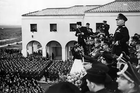 Benito Mussolini taking part in the inauguration of the first rural settlements in Agro Pontino, Italy, on Oct. 29, 1939.
