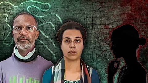 Composite image featuring a man and woman in the foreground with serious expressions, set against a textured, dark background with the chalk outline of a body, suggesting a crime scene. The right side of the image shows a silhouette of a woman in profile, adding a sense of mystery.