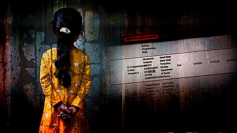 A conceptual illustration showing the silhouette of a young girl in a yellow dress with her back turned, symbolizing vulnerability. Superimposed over the image is a document highlighting financial compensation details related to POCSO victim impact assessment. The background is textured and dimly lit, creating a somber and reflective mood.