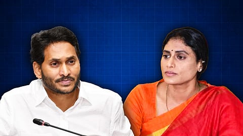 Former Andhra Pradesh Chief Minister YS Jagan Mohan Reddy in a white shirt and his sister and AP Congress chief YS Sharmila in an orange and red saree sit against a blue background
