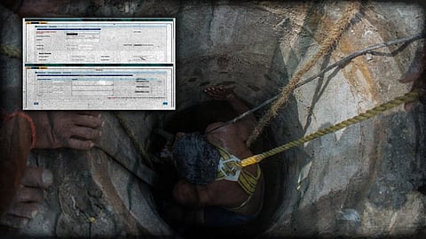 A person descends into a man hole using a rope, with several people assisting from above. An overlaid screenshot vividly highlights a computer form addressing manual scavenging.