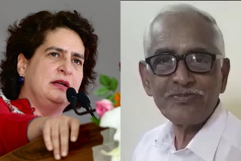 Left: Priyanka Gandhi in a red kurta speaking. at a mic in front of a grey background. Right: MN Vijayan smiling while wearing glasses and a white shirt. 