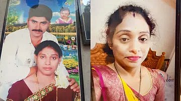 The image shows two separate photographs.

The left side is a traditional family portrait featuring Gurumurthy and Madhavi. Gurumurthy is standing behind Madhavi with his hand on her shoulder. Both are dressed in traditional Indian attire. There is a colorful background with floral designs and another image of a child in the frame.

The right side is a selfie of Madhavi, wearing a saree, with her hair tied back. She has a subtle smile and is indoors, sitting on a wooden chair.