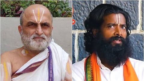 The image is a side-by-side collage of two men with religious markings on their foreheads, wearing traditional attire. The man on the left is Chilkur Balaji temple head priest CS Rangarajan, an elderly person with a bald head, white beard, and mustache, dressed in a white dhoti and shawl with religious markings on his arms and forehead. The man on the right is Veera Raghava Reddy. He has long black hair and a thick beard, wearing a white shirt and an orange shawl with a decorative border. Both appear to be associated with Hindu traditions.
