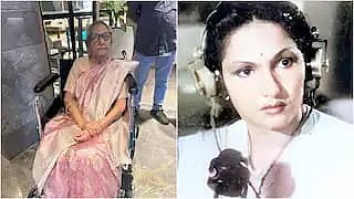Krishnaveni, in her old age, sitting in a wheelchair wearing a light pink saree is shown on the left side of the image. On the right side, there is a younger version of the same woman in a vintage-style film still, wearing a white outfit with a headset, holding a microphone, and looking serious.
