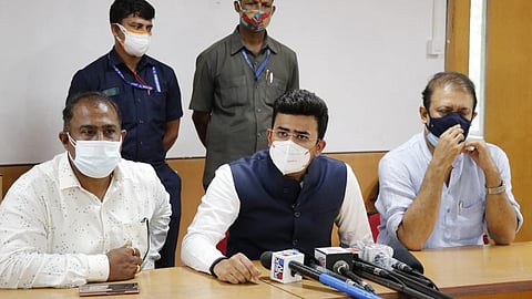 Tejasvi Surya Satish Reddy and others addressing press conference on 4 May 2021 regarding BBMP Bed Scam