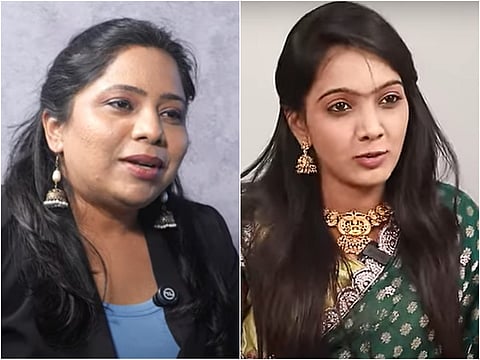 This image is a side-by-side collage featuring two women. The woman on the left, Revathi, is wearing a black blazer over a blue top and has long, dark hair. She is wearing large, dangling earrings and appears to be speaking in an interview or discussion setting. The woman on the right, Thanvi, is dressed in a traditional green saree with gold jewelry, including a large necklace and matching earrings. She has long, dark hair and appears to be engaged in a conversation. Both women have microphones clipped to their clothing, suggesting they are part of interviews or media-related discussions.




