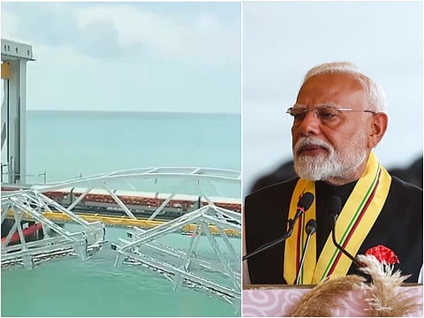Alt text: Split image showing (left) a train crossing the newly constructed Pamban railway bridge over the sea with a segment of the old bridge visible, and (right) Indian Prime Minister Narendra Modi speaking at an event, wearing a black outfit with a yellow ceremonial sash and a red rosette.