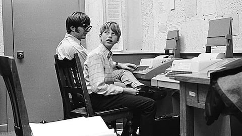 Paul Allen (L) and Bill Gates in 1970 at Lakeside School in Seattle, Washington state, US. Microsoft was created five years later. 