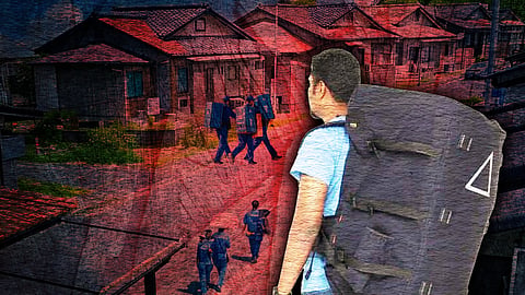 A man with a large backpack watches a residential area, with a dark, gritty filter. The image is used as a representation image. 

