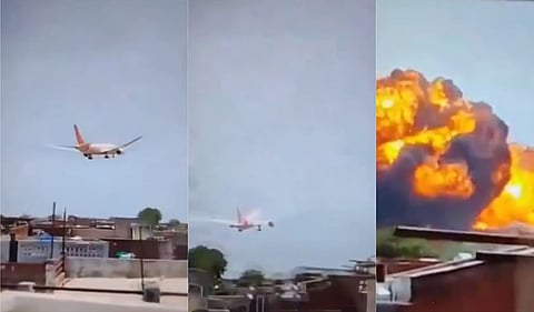 Screengrab of Air India plane flying low over buildings in Ahmedabad, followed by an explosion.