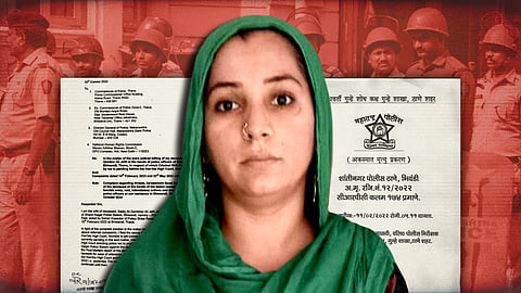 Stylised image. Saiba Jafri in the foreground. A Hindi document behind her. Further in the background, an image of cops in a red tone