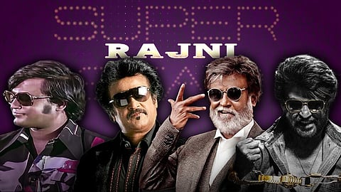 A collage of Rajinikanth in Thillu Mullu, Sivaji, Kabali and Coolie 