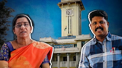 A collage-style image showing Dr CN Vijayakumari in a red-and-blue saree and Vipin Vijayan in a blue checked shirt placed on either side of the University of Kerala’s main building. 