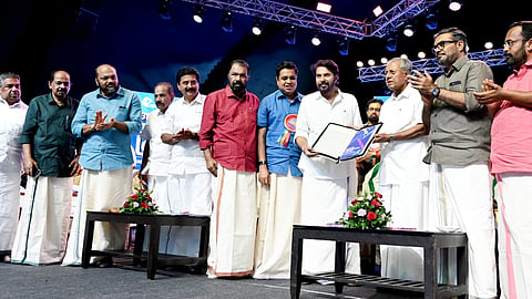 Actor Mammootty, CM Pinarayi Vijayan and ministers at the extreme poverty free announcement event