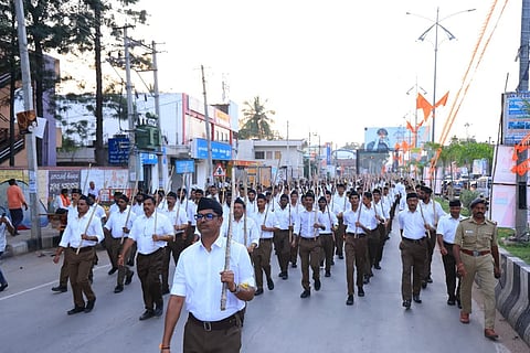 A file picture of an RSS route march in Bengaluru held as a part of the saffron outfit's centenary in 2025. 
