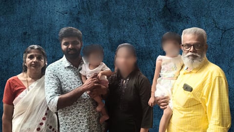 (from left) Usha, Kaladharan, Athira* and Unnikrishnan with two children