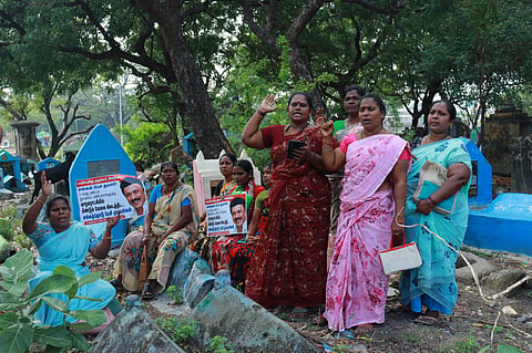 Chennai: Sanitation workers protest at burial ground where fellow worker died by suicide 
