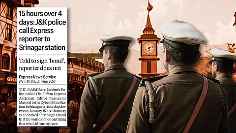 A stylised image with a clipping of the Indian Express report on the left side. On the right side, three policemen with their backs facing the camera