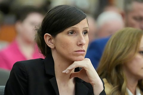 Kouri Richins, a Utah mother of three who wrote a children's book about coping with grief after her husband's death and was later accused of fatally poisoning him, looks on during a hearing on Aug. 26, 2024, in Park City, Utah. 
