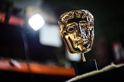 A completed British Academy Film Awards mask sits on a workbench at the FSE Foundry in Braintree, England on Tuesday, Feb. 10, 2026. 