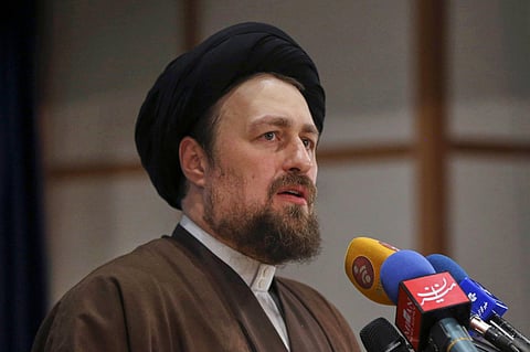In this Dec. 18, 2015 file photo, Hassan Khomeini, grandson of Ayatollah Khomeini, speaks at the election headquarters of the interior ministry in Tehran, Iran. 