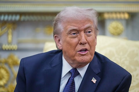 President Donald Trump speaks during a meeting with German Chancellor Friedrich Merz in the Oval Office at the White House, Tuesday, March 3, 2026, in Washington. 