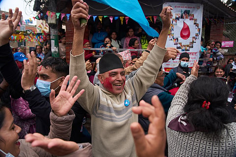 Supporters of Rastriya Swatantra Party celebrate the victory of Ranju Darshana, a candidate for a seat in the House of Representatives in Kathmandu, Nepal, Friday, March 6, 2026. 