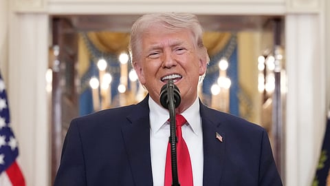 President Donald Trump speaks about the Iran war from the Cross Hall of the White House on Wednesday, April 1, 2026, in Washington. (AP Photo/Alex Brandon, Pool)

