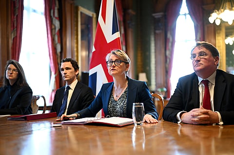 Britain's Foreign Secretary Yvette Cooper, second right, attends a virtual summit at the Foreign & Commonwealth Office in London, on Thursday April 2, 2026, with around 35 countries to discuss ways of reopening the Strait of Hormuz. (Leon Neal/Pool Photo via AP)

