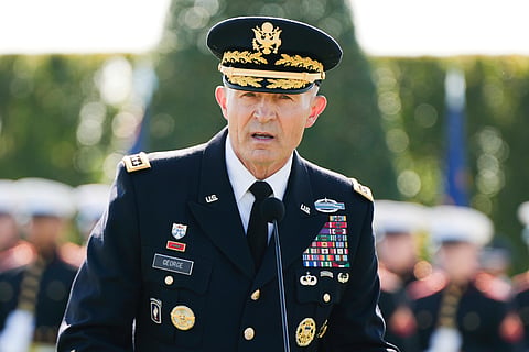 FILE - Army Chief of Staff Gen. Randy George speaks during the POW/MIA National Recognition Day Ceremony at the Pentagon, Sept. 19, 2025, in Washington. (AP Photo/Julia Demaree Nikhinson, file)

