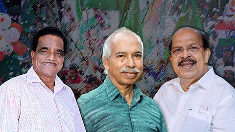 Composite image of three male politicians placed side by side against a blurred, colourful political backdrop. From left to right: TK Govindan in a light shirt, V Kunhikrishnan in a green shirt, and G Sudhakaran in a white shirt.