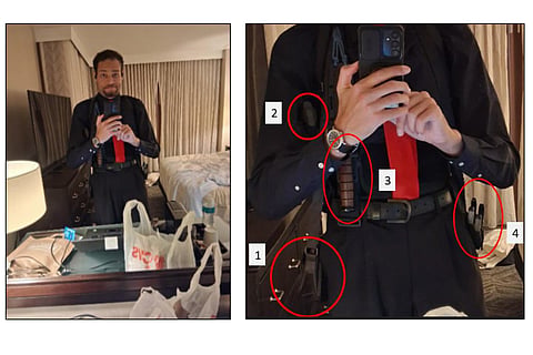 This image contained in a court filing by the Department of Justice, April 29, 2026, shows Cole Tomas Allen, left, inside his hotel room, on Saturday, April 25, 2026 in Washington, using his cellphone to take a photograph of himself in the mirror. An enhanced version of the image is right. 