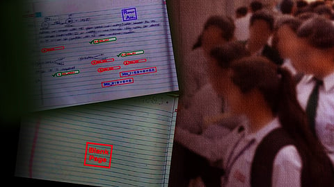 Designed image of blurred answer sheets and representative image of students 