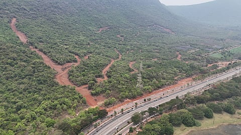 An aerial, high-angle shot shows a lush green hillside scarred by several wide, reddish-brown dirt paths or clearings that wind up the slope from a multi-lane highway at the bottom. The highway has several cars and trucks traveling along it, and a tall electrical pylon stands near the base of the hill. The sky is overcast, creating a hazy atmosphere over the dense vegetation and the rugged terrain.