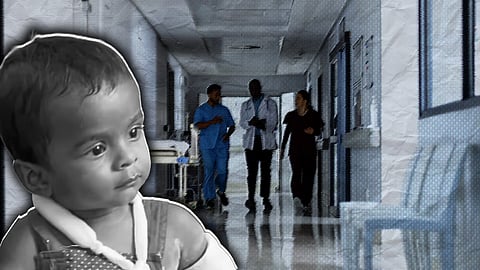 A stylised image of Kerala toddler Arshid who died due to domestic abuse with medical professionals in a hospital corridor in the background