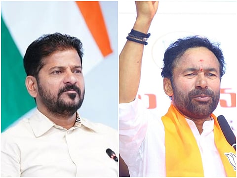 A side-by-side collage of two Indian politicians. On the left, A. Revanth Reddy looks to the side in a light shirt against a blurred Indian flag. On the right, G. Kishan Reddy raises his arm while speaking, wearing a white shirt and a bright saffron scarf.