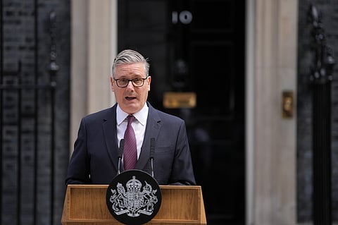 Britain's Prime Minister Keir Starmer announces his resignation to the media outside 10 Downing Street in London, Monday, June 22, 2026. 