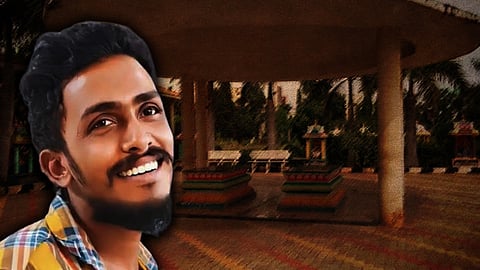 Gade Sai Krishna against the backdrop of the burial ground where he is alleged to have been cremated