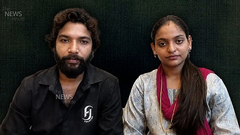 A still from The News Minute's exclusive video interview showing Monalisa Bhosle seated beside her husband, Farman Khan, against a dark stylised background. Both look directly at the camera with serious expressions as they discuss the legal and political controversy surrounding their marriage.