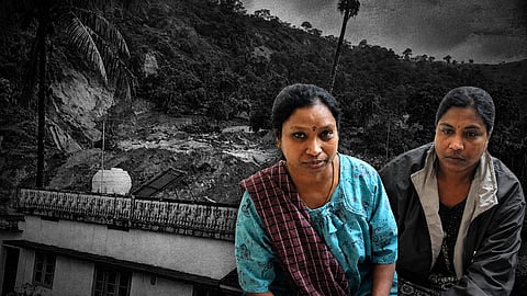 Koodammal and Vimala, estate workers displaced after the landslide in Kalladi. In the background, a still from the landslide site