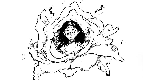 A drawing of a woman inside a flower. The woman's face appears sad. The drawing is black and white