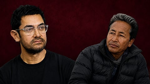 Aamir Khan, Sonam Wangchuk headshots against a maroon background