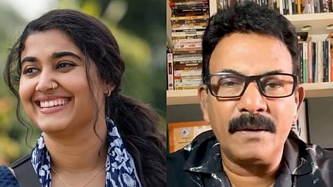 Side-by-side composite image of actor Vismaya Mohanlal and actor-director and BJP leader Major Ravi. Vismaya is smiling in an outdoor setting, while Ravi is speaking in a video frame with bookshelves in the background.