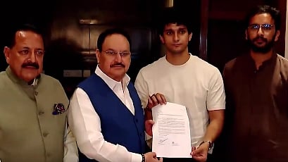 Ministers Jitendra Singh and JP Nadda with CJP spokespersons Saurav Das and Ashutosh Ranka.
