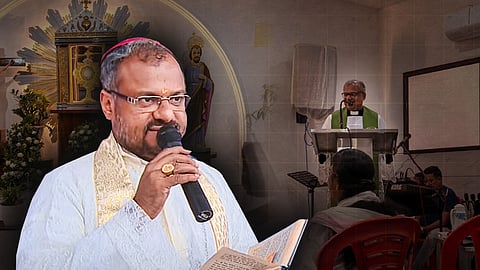 A stylised image. In the left foreground, a file photo of Franco speaking, a mic in his right hand and a book in his left. In the right background, Franco speaking into a mic, standing at a podium, inside the chapel at Christeen Retreat Centre