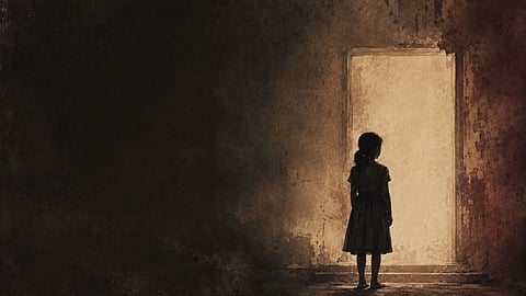 A silhouette of a girl child standing in a room, facing a wall